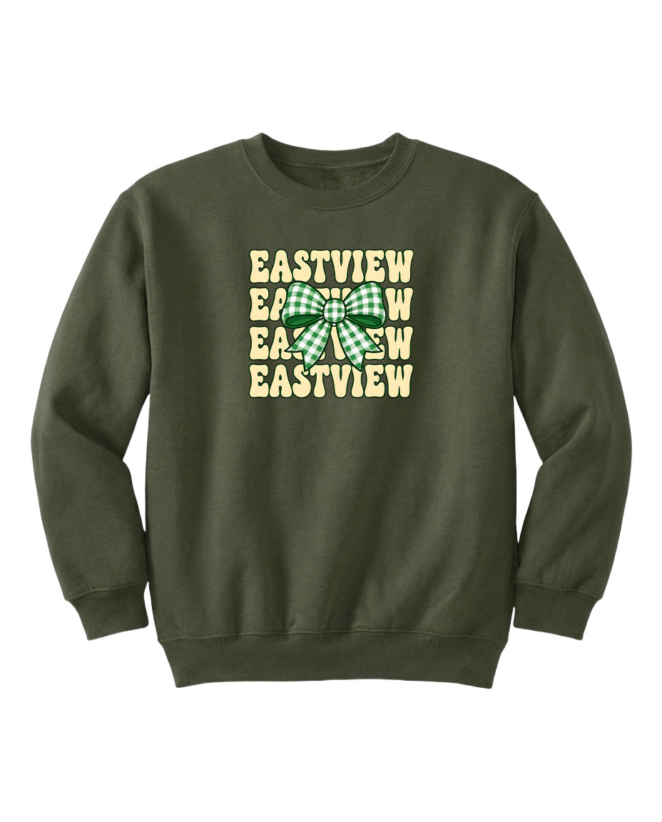 A dark green sweatshirt with a large green bow on the front.