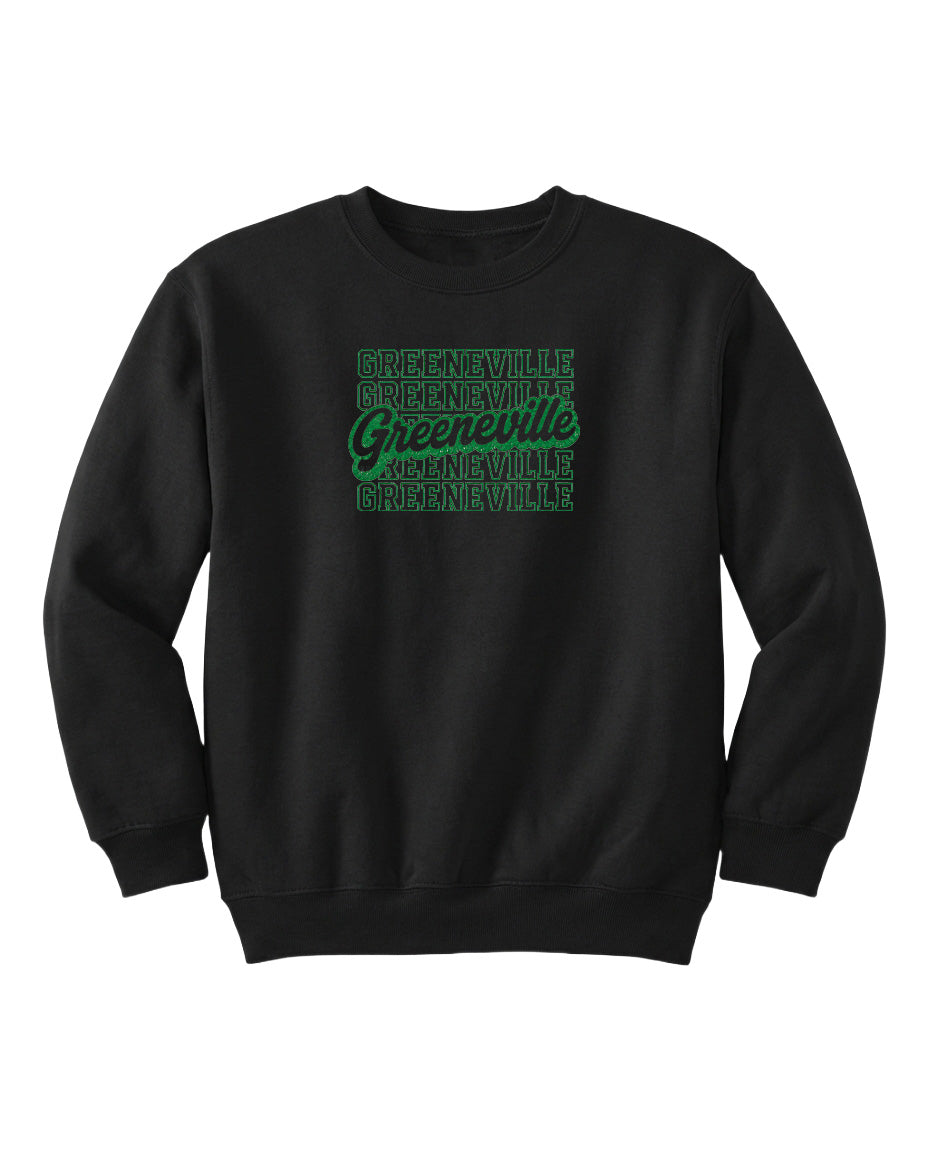 A black sweatshirt with the text "Greenville" printed in green on the front.