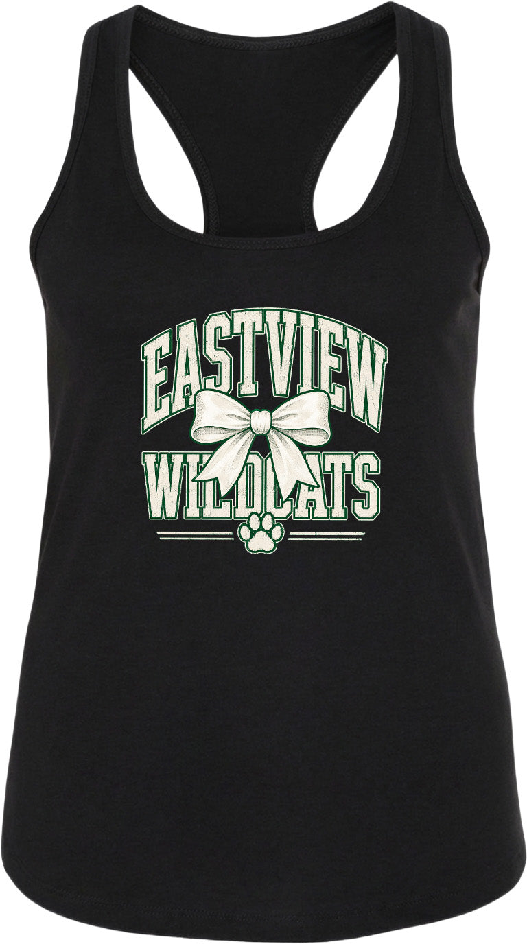 A black tank top with a graphic design featuring the text "EASTVIEW WILDCATS" and a bow.