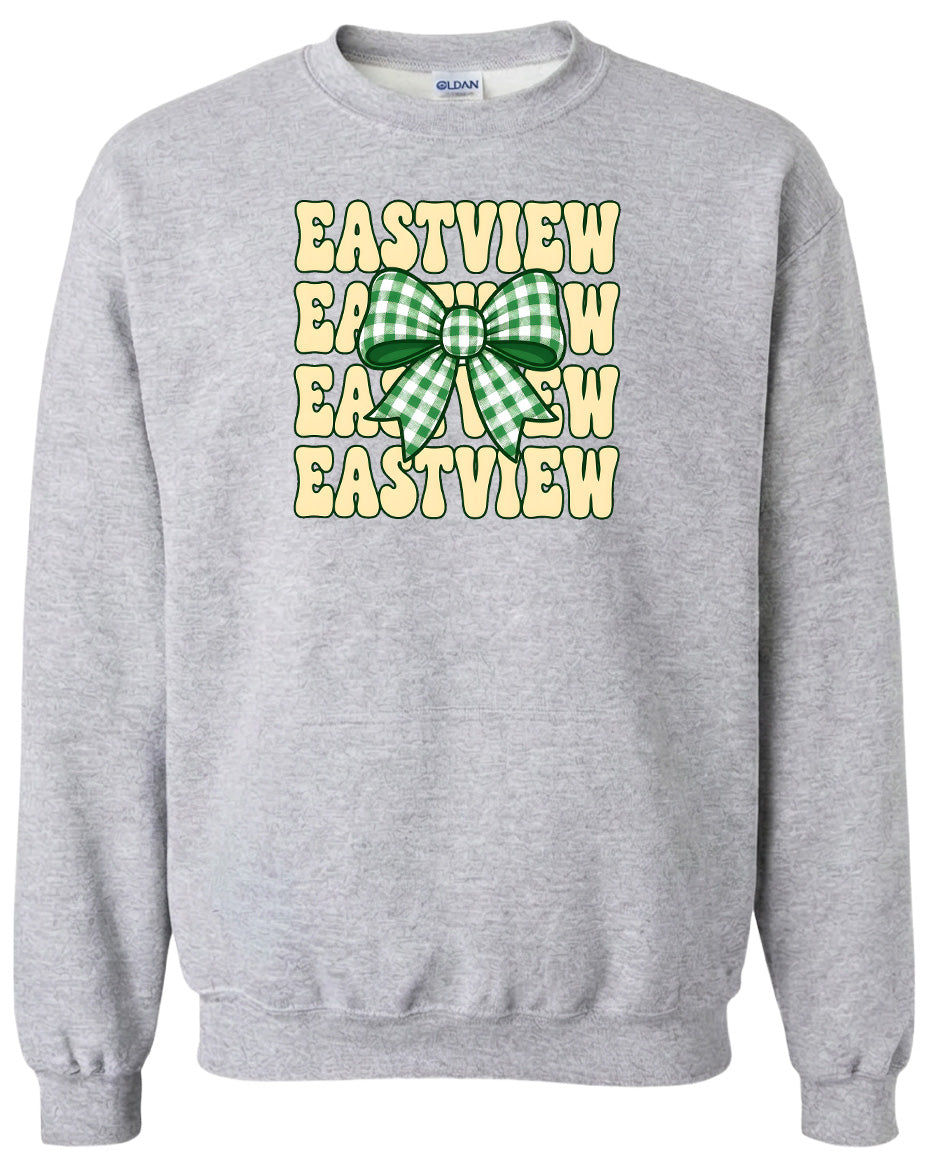 A gray sweatshirt with a graphic design featuring a green and white checkered bow and the text "EASTVIEW" repeated multiple times in a vertical arrangement.