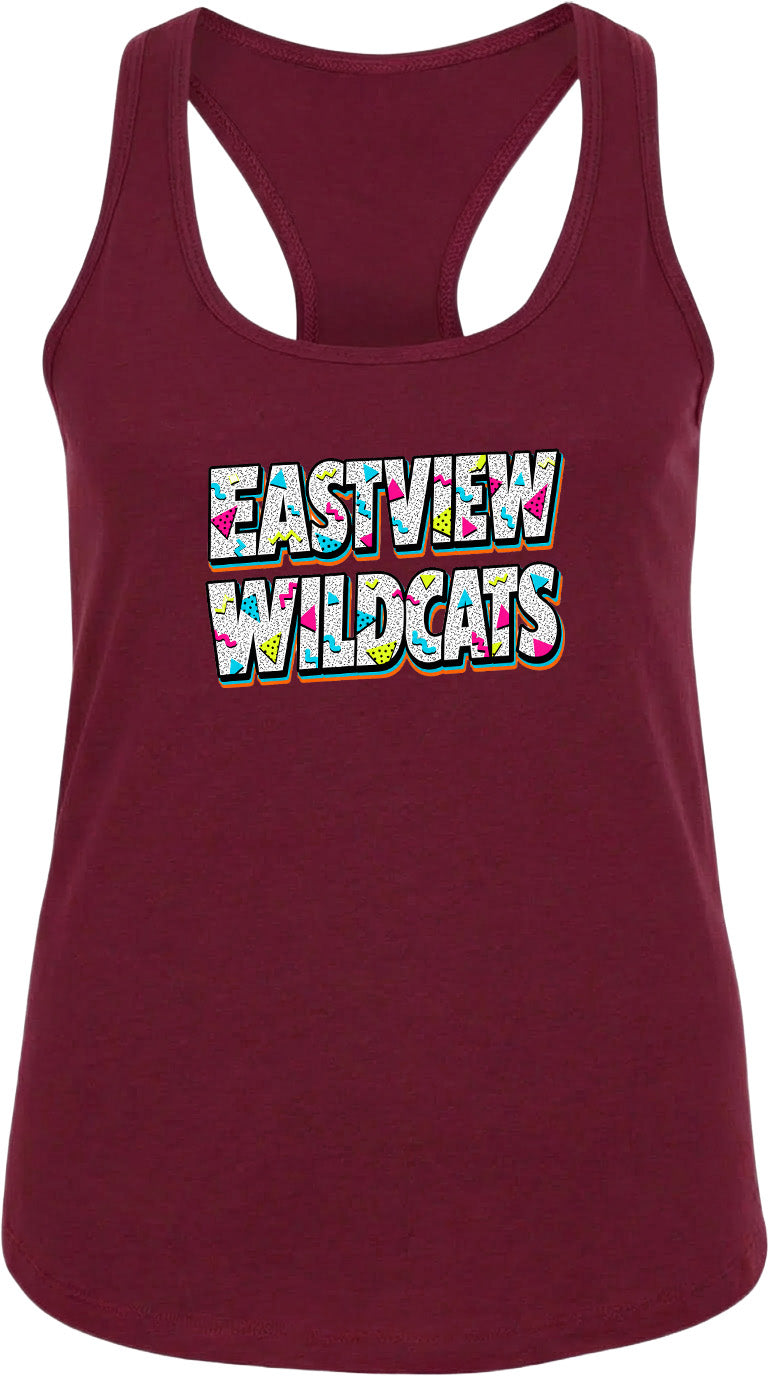 A burgundy-colored tank top with the text "EASTVIEW WILDCATS" printed on it.