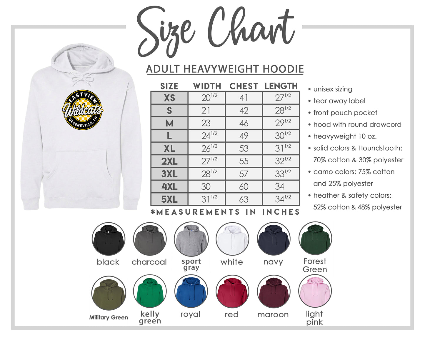 The image is a size chart for an adult heavyweight hoodie, including various color options and measurements in inches.