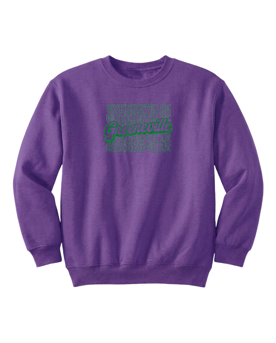 A purple sweatshirt with a graphic design on the front.