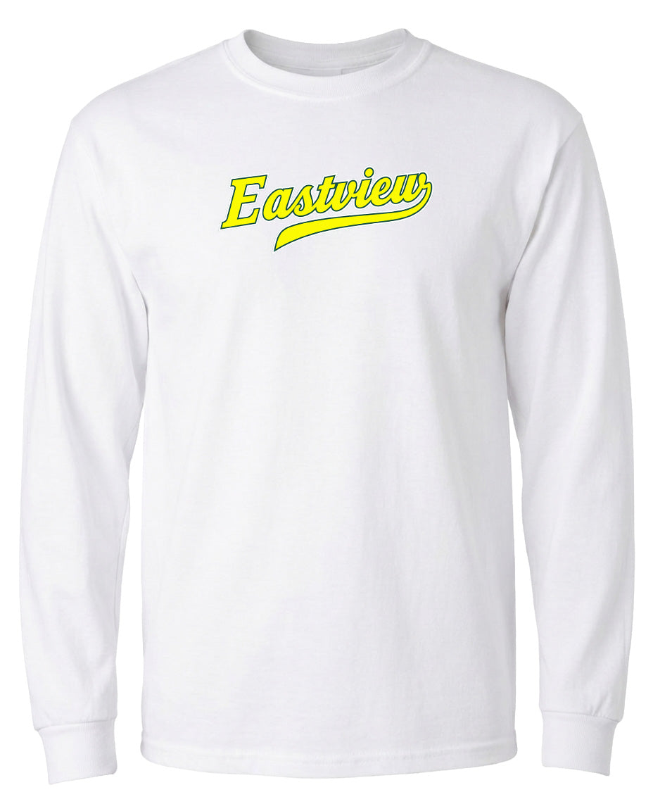 A white long-sleeved t-shirt with the text "Eastview" printed in yellow on the front.