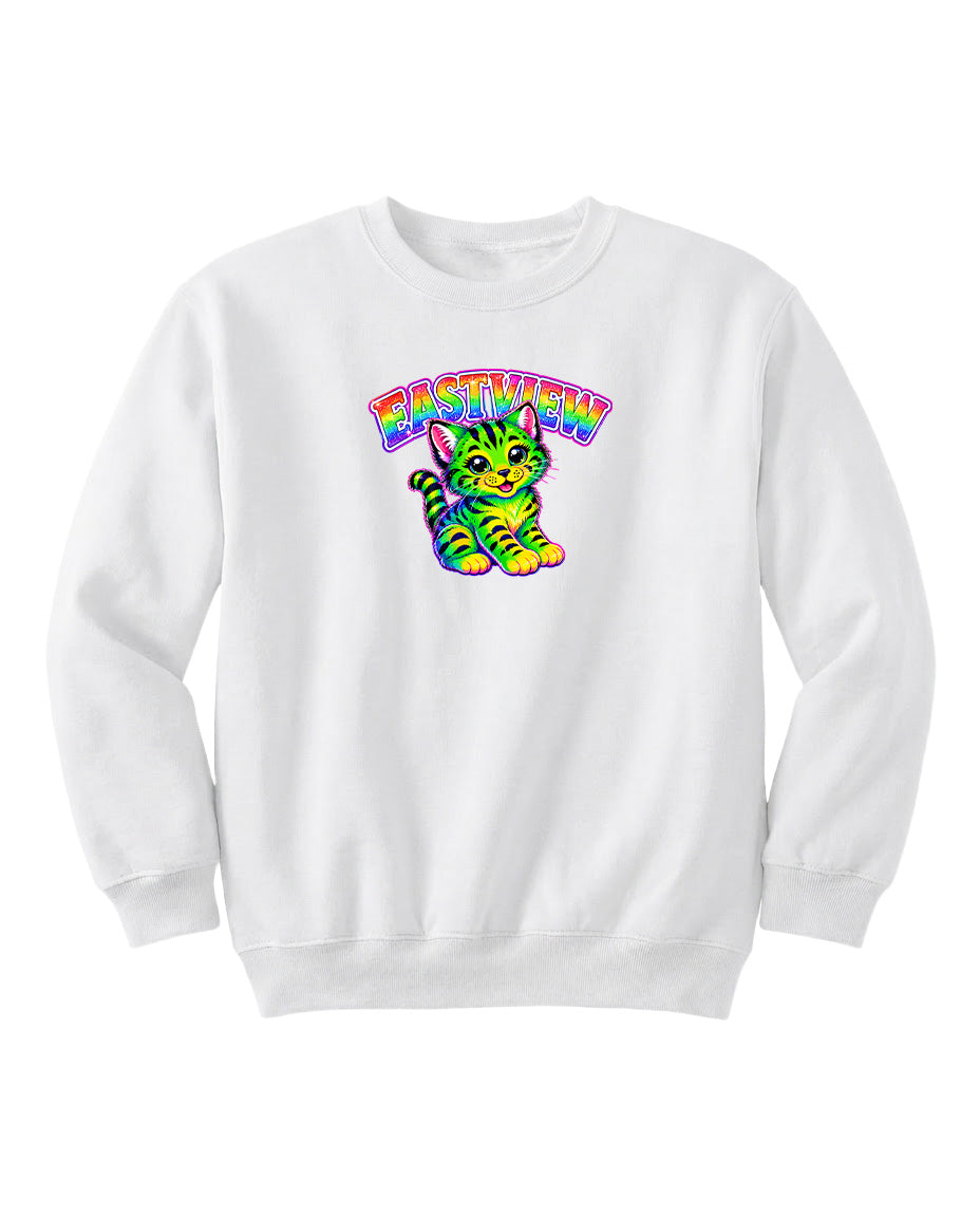 A white sweatshirt with a colorful graphic of a cat and the text "EASTVIEW" printed on it.