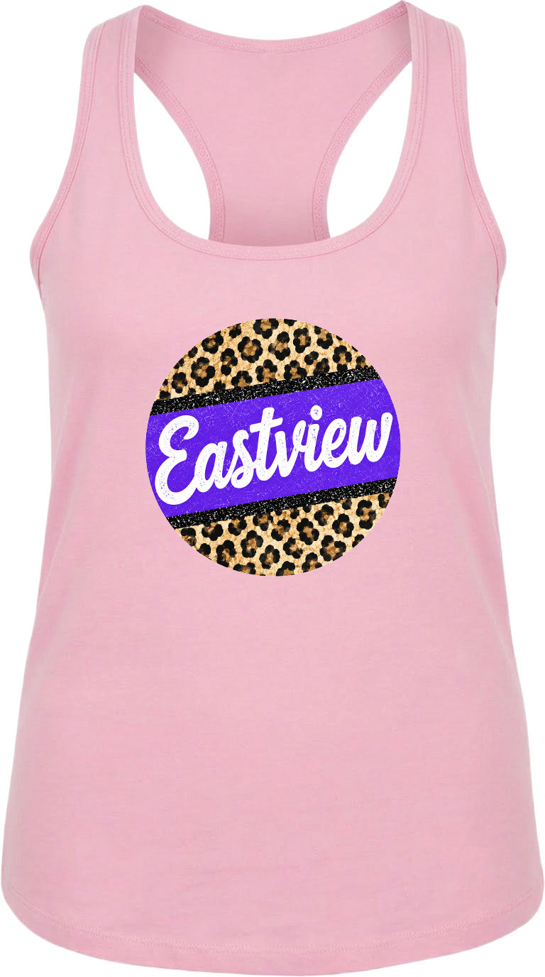 A pink tank top with a leopard print design and the word "Eastview" printed on it.