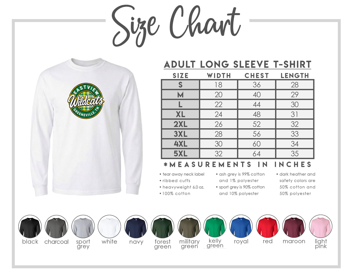The image is a size chart for an adult long sleeve t-shirt, providing measurements and corresponding shirt colors.
