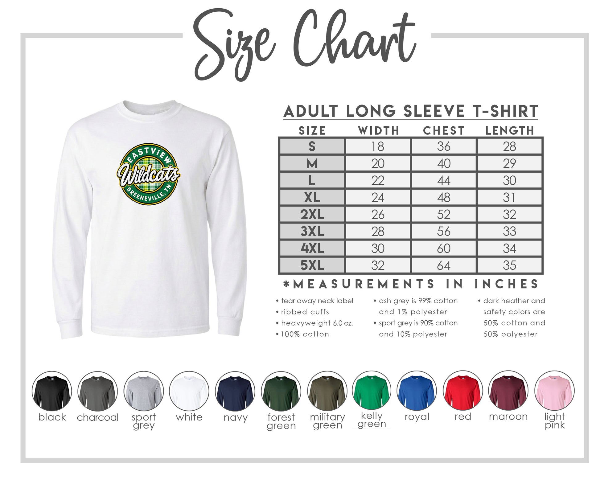 The image is a size chart for an adult long sleeve t-shirt, providing measurements and corresponding shirt colors.
