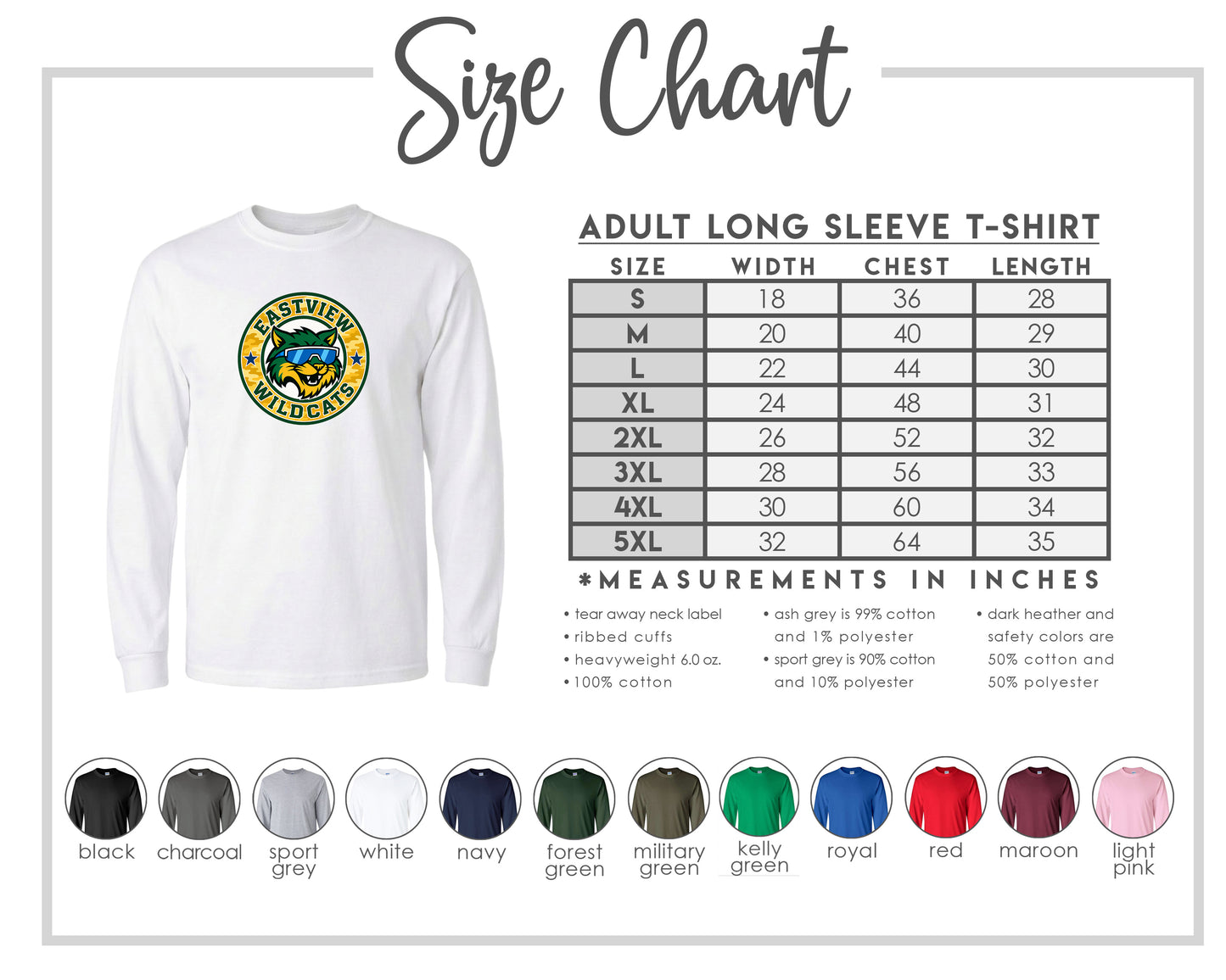 The image is a size chart for an adult long sleeve t-shirt, displaying the measurements and corresponding shirt colors.