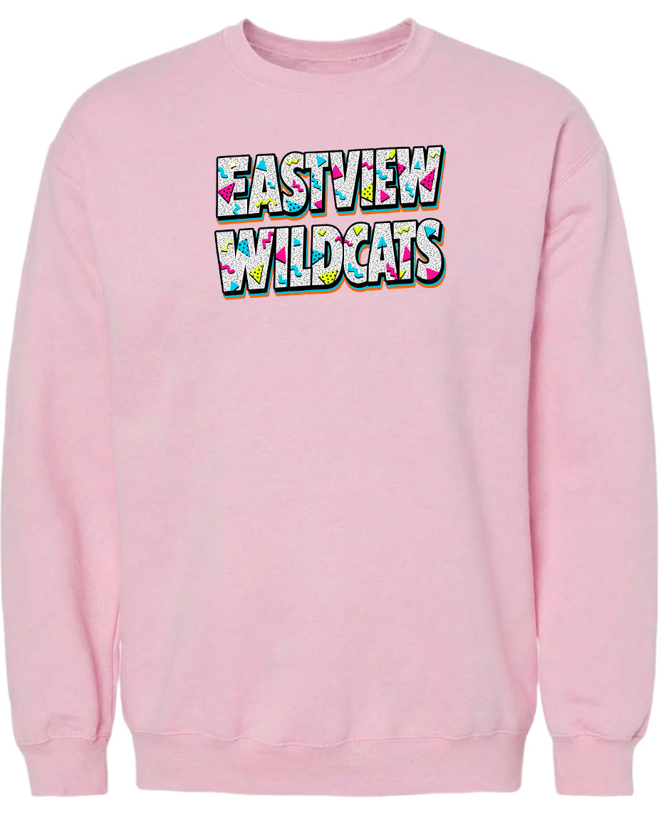 A pink sweatshirt with the text "EASTVIEW WILDCATS" printed on it.