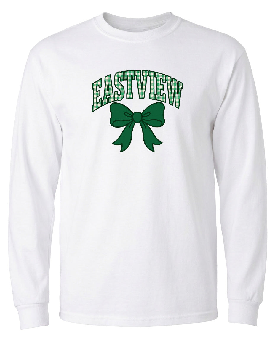 A white long-sleeved t-shirt with a green bow and the word "EASTVIEW" printed on it.