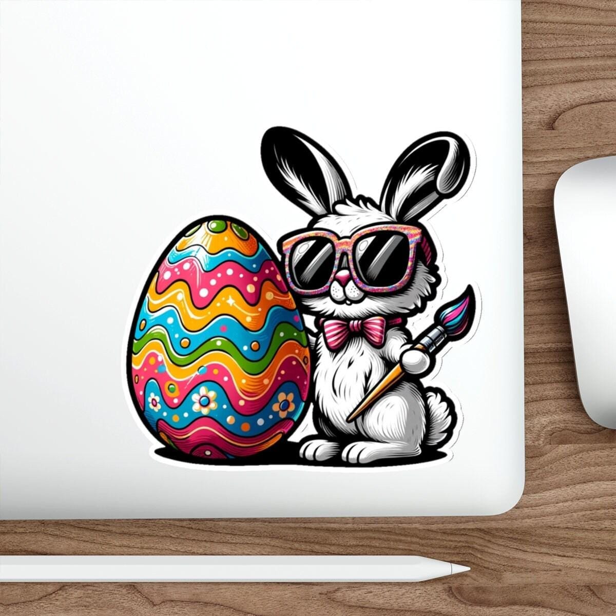 Egg-stra Stylish Painter Easter Bunny Die-Cut Vinyl Sticker | Dishwasher Safe & Durable | Custom Sizes | Fast Shipping | Made in USA Fiesta Doodle waterproof vinyl sticker. dishwasher safe outdoor sticker.
