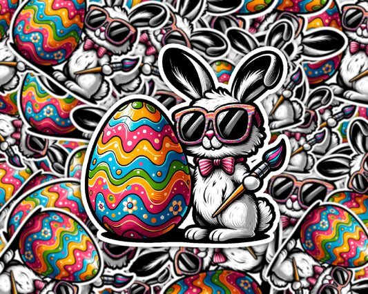 Egg-stra Stylish Painter Easter Bunny Die-Cut Vinyl Sticker | Dishwasher Safe & Durable | Custom Sizes | Fast Shipping | Made in USA Fiesta Doodle waterproof vinyl sticker. dishwasher safe outdoor sticker.