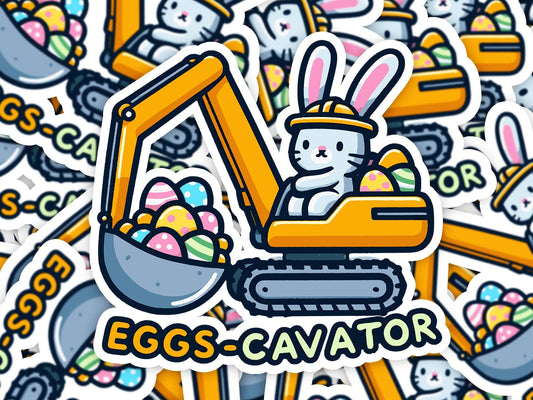 Eggs-Cavator Vinyl Sticker | Dishwasher Safe & Durable | Custom Sizes | Fast Shipping | Made in USA Fiesta Doodle waterproof vinyl sticker. dishwasher safe outdoor sticker.
