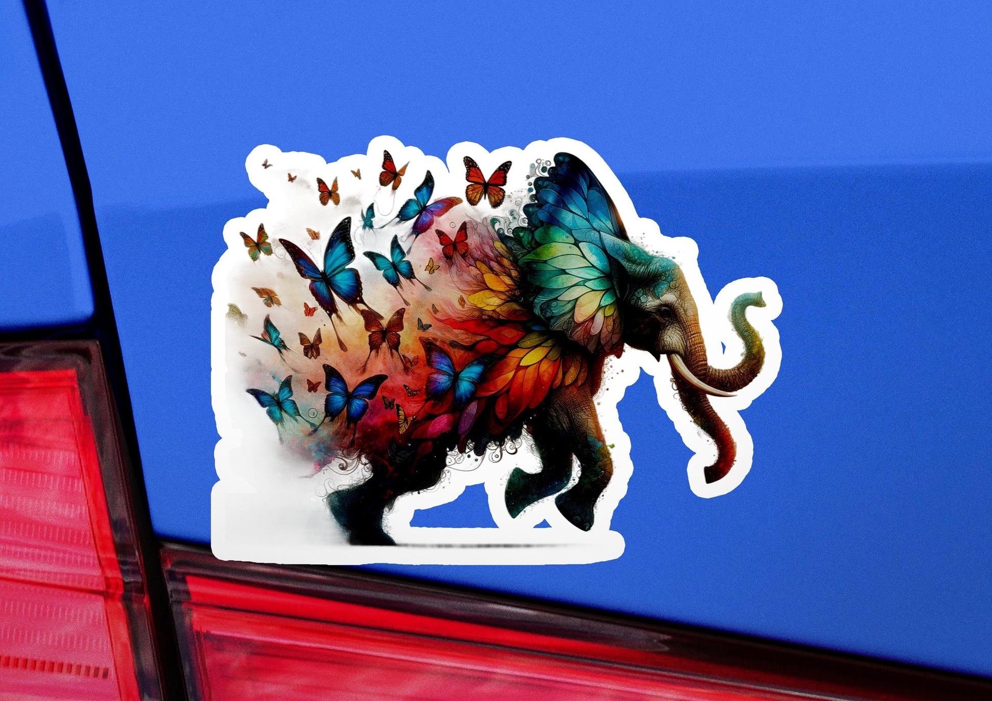 a sticker of an elephant with butterflies on it