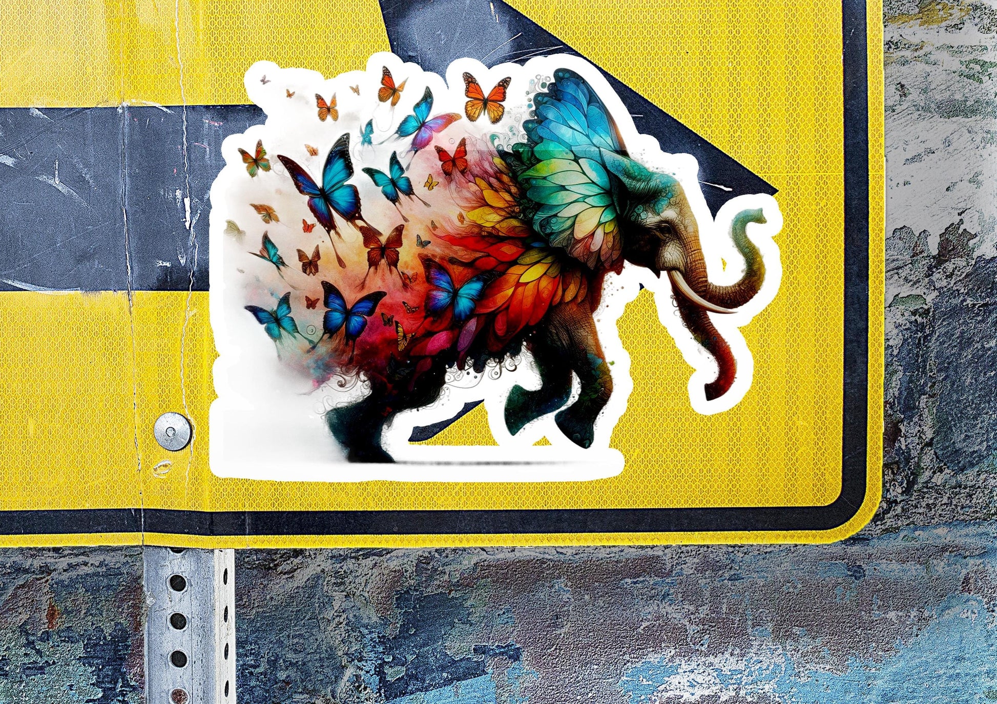 a sticker of a colorful animal with butterflies on it