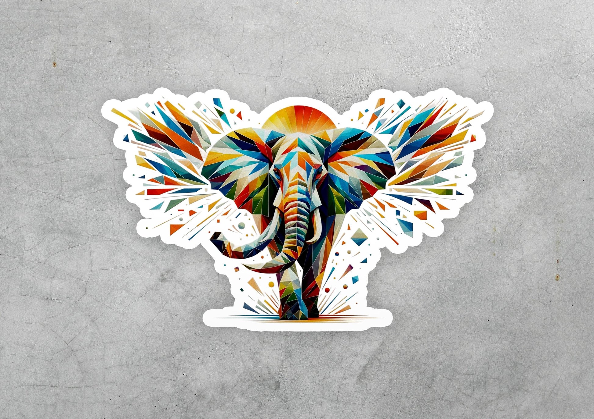 a sticker of an elephant with colorful paint splatters
