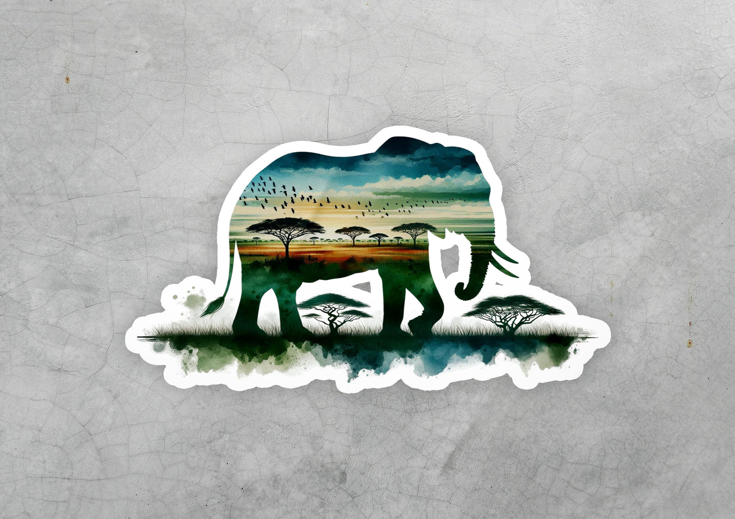 a sticker of an elephant with trees in the background