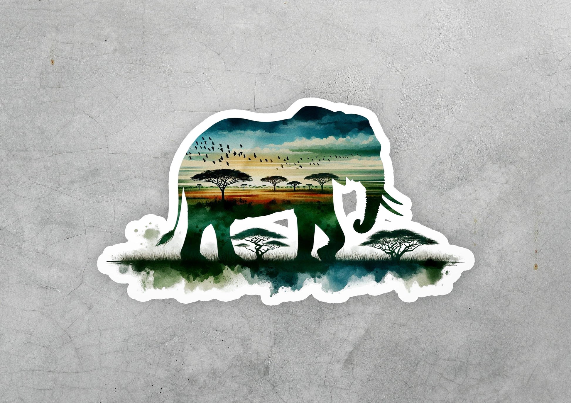 a sticker of an elephant with trees in the background
