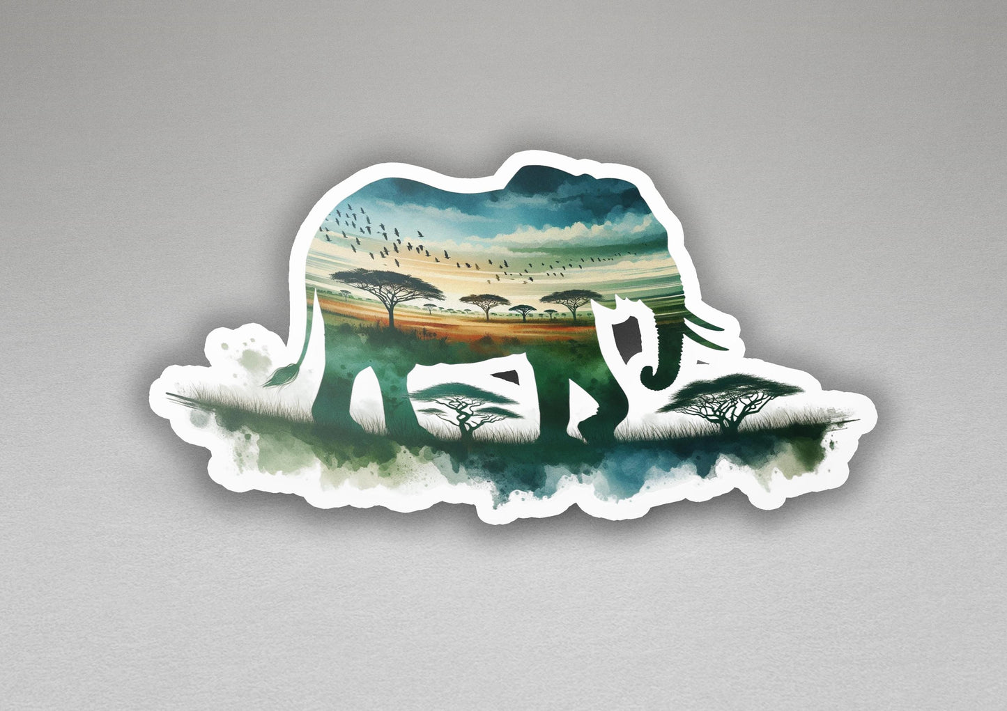 a sticker with a picture of an elephant and trees