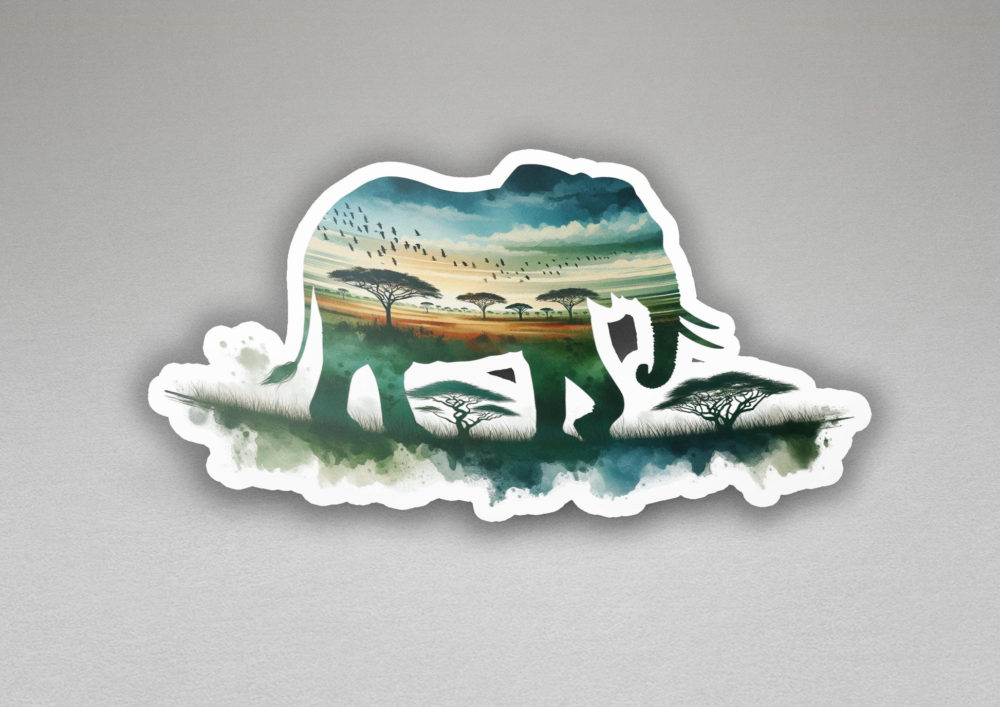 a sticker with a picture of an elephant and trees