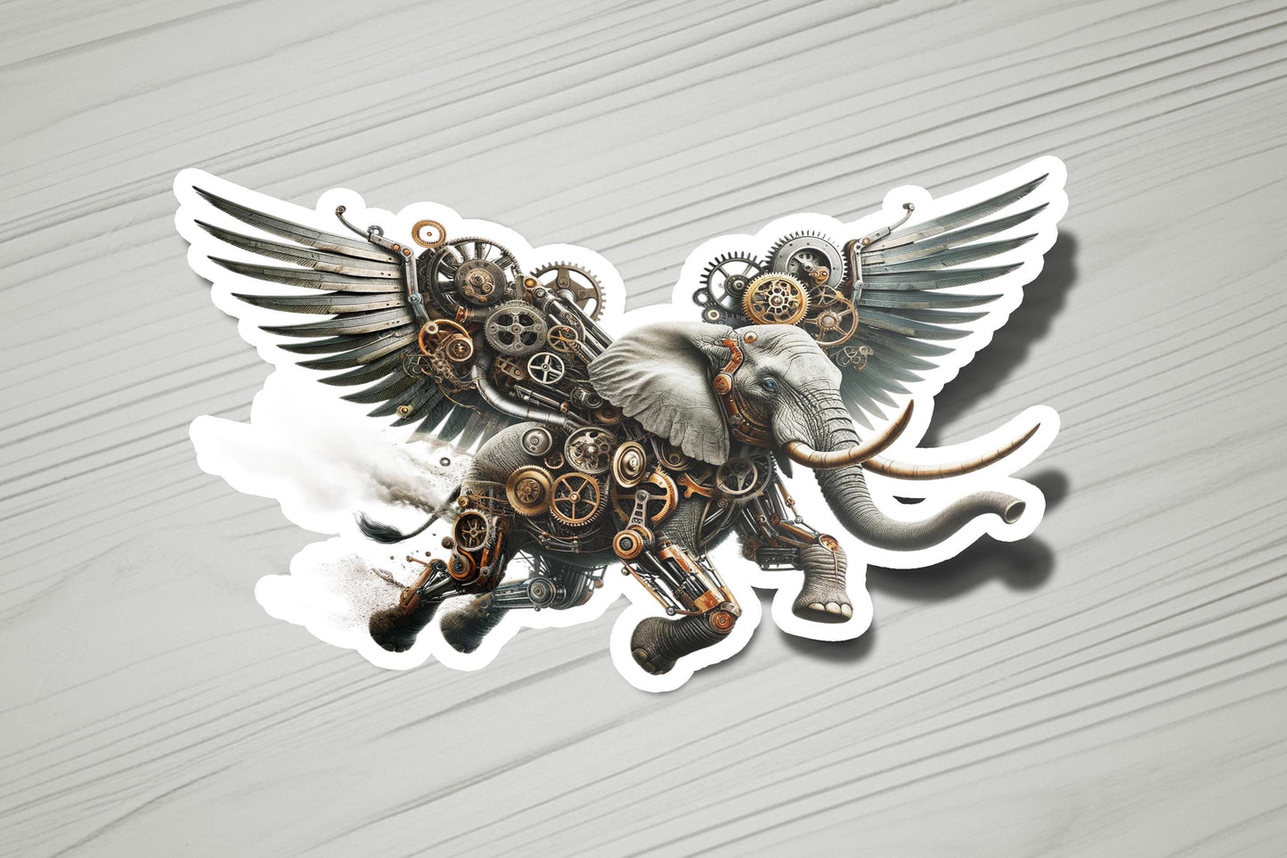 a sticker of an elephant with gears on it