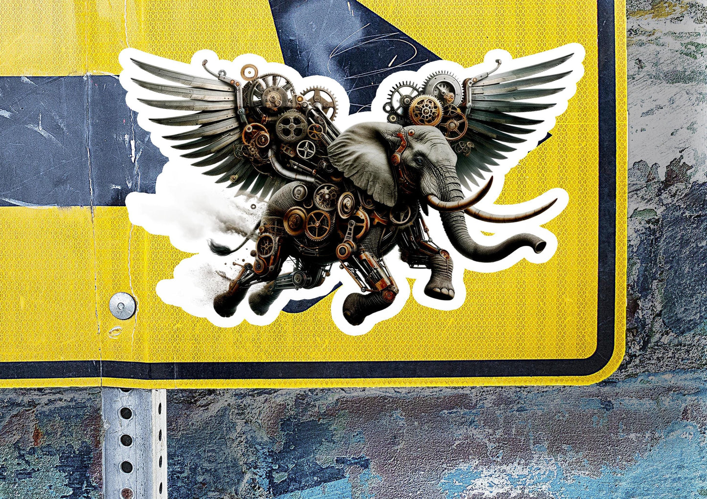 a sticker of an elephant with wings on a street sign