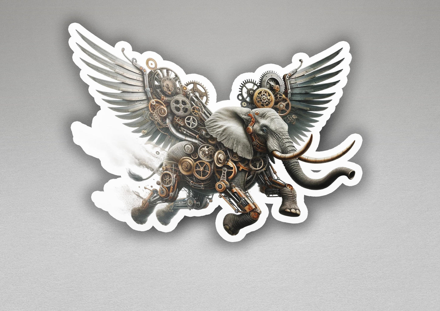 a sticker of an elephant with gears and wings