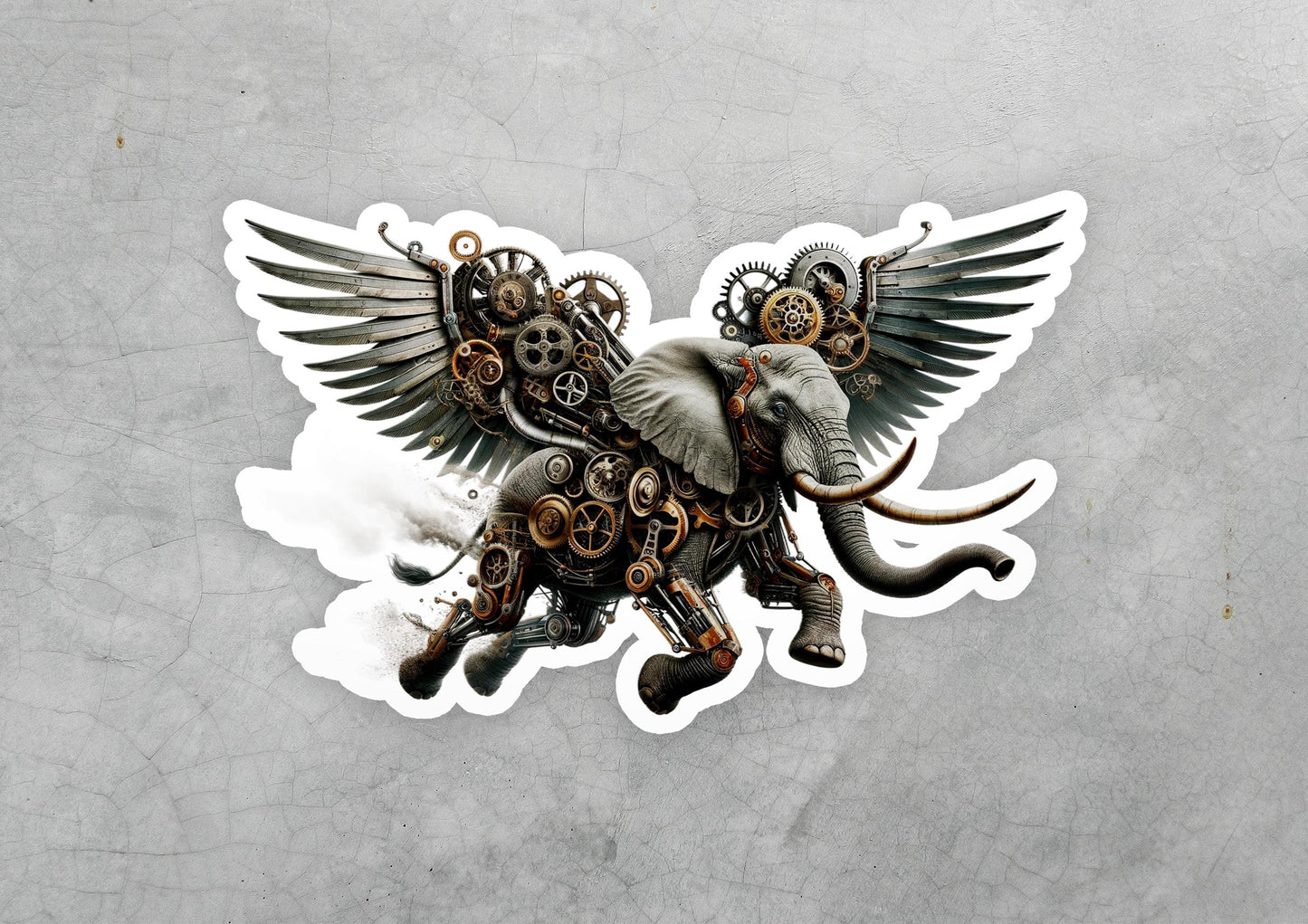 a sticker of an elephant with gears on it