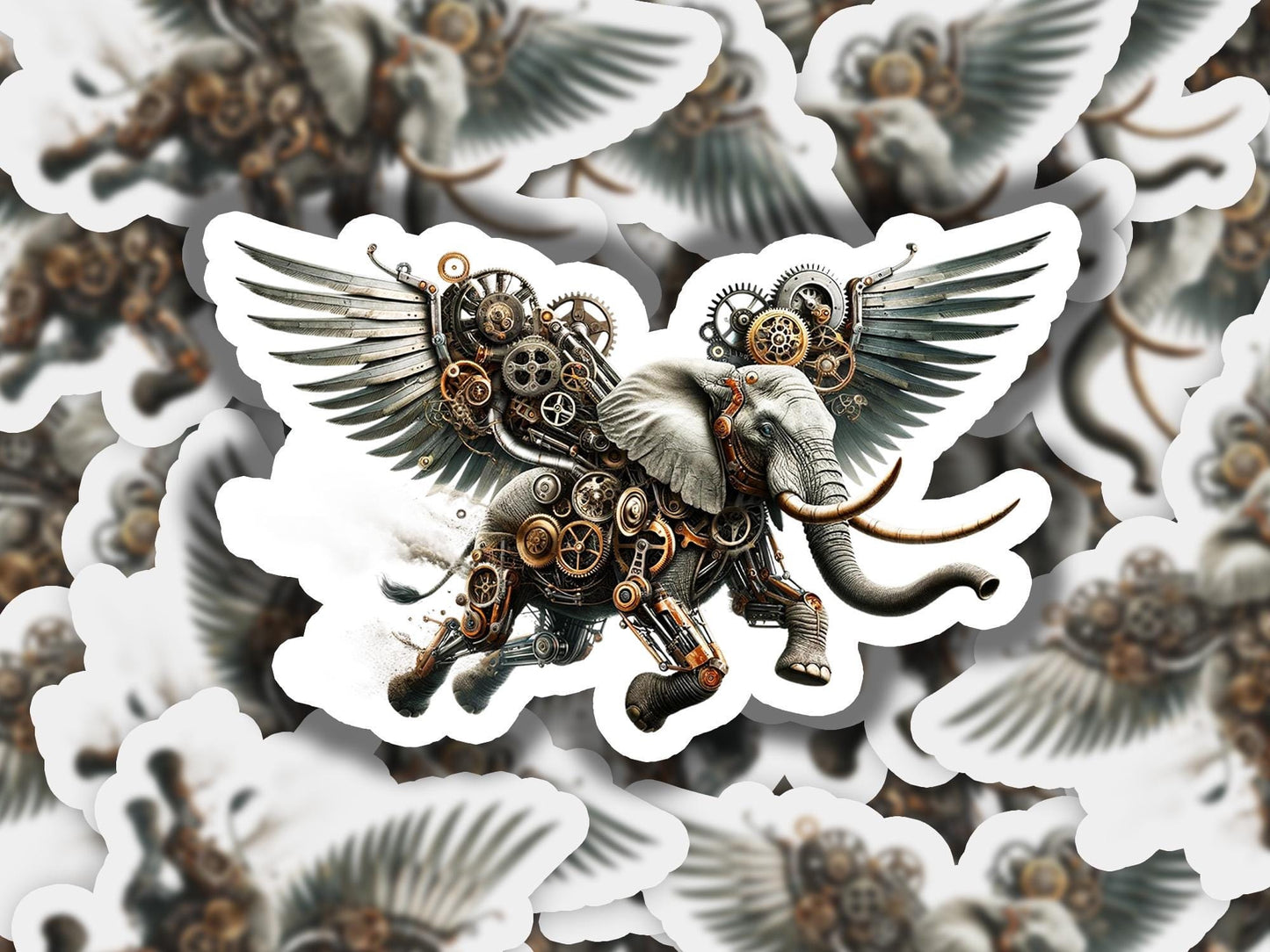 a picture of an elephant with wings and gears on it