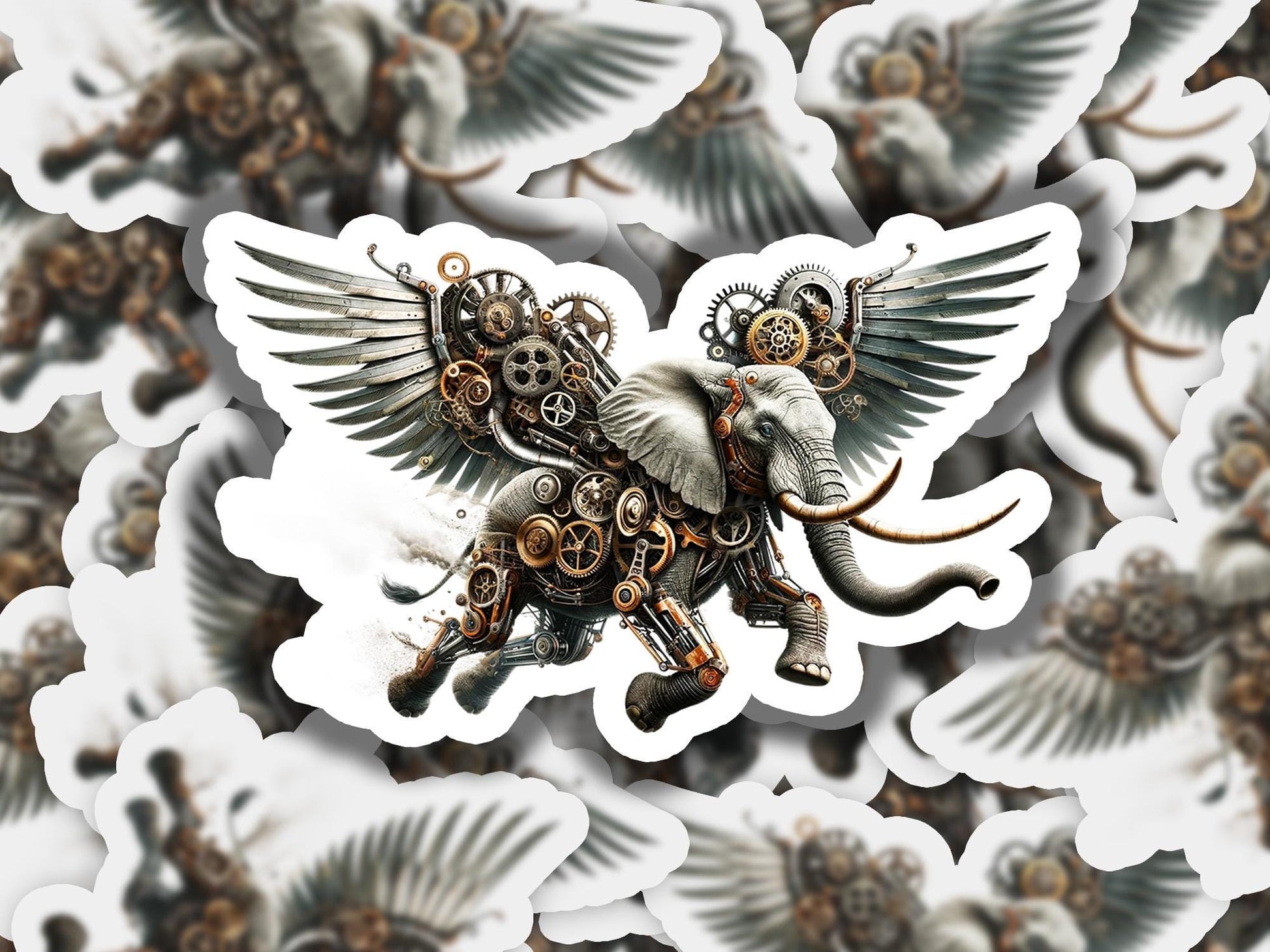 a picture of an elephant with wings and gears on it