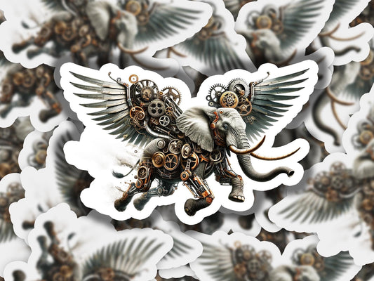 a picture of an elephant with wings and gears on it