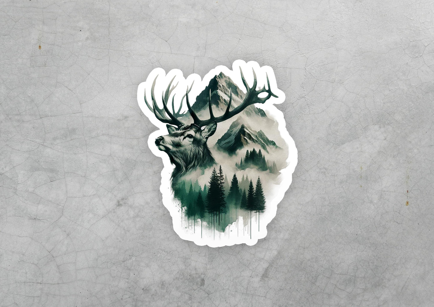 a sticker of a deer with trees and mountains in the background