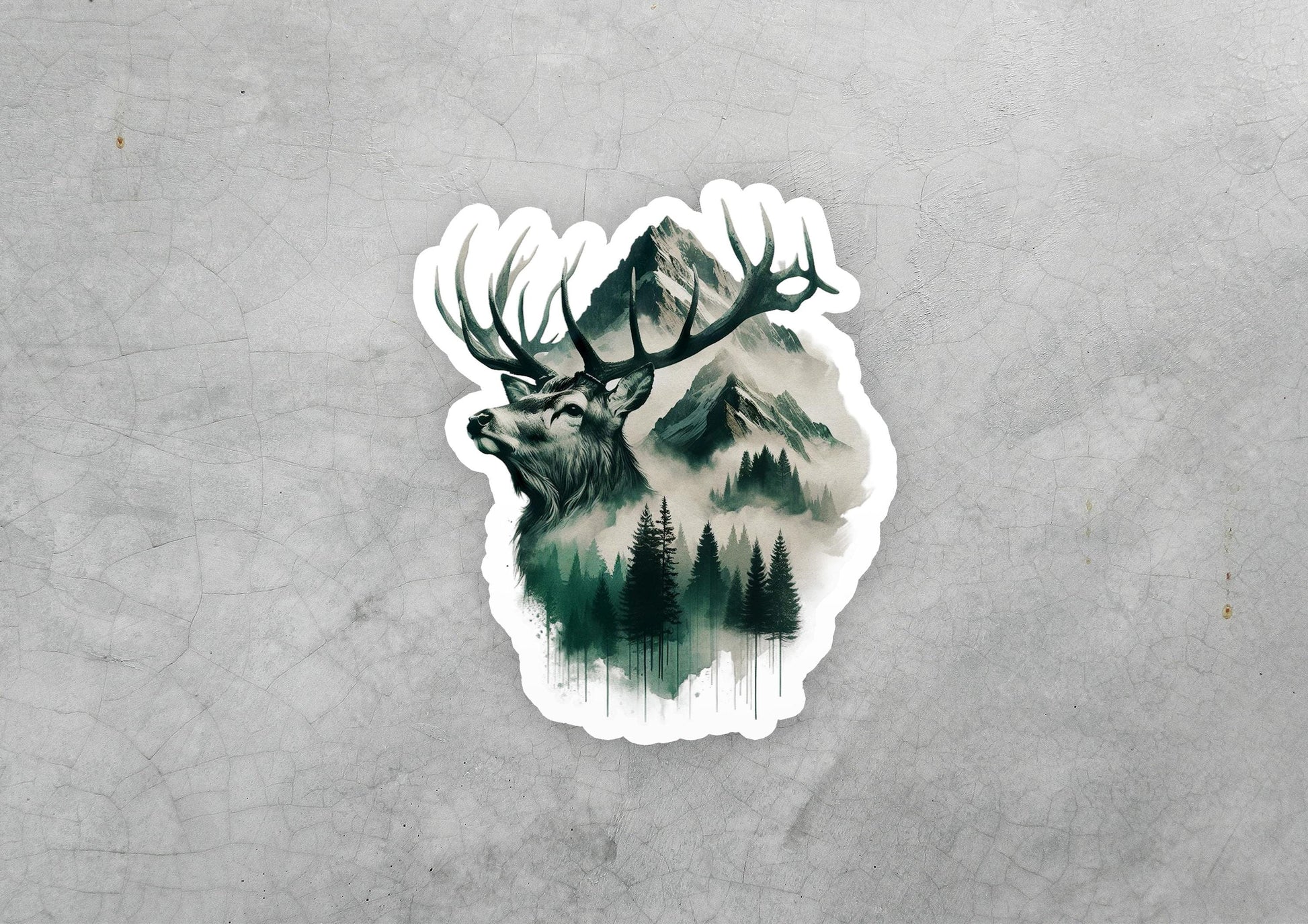 a sticker of a deer with trees and mountains in the background