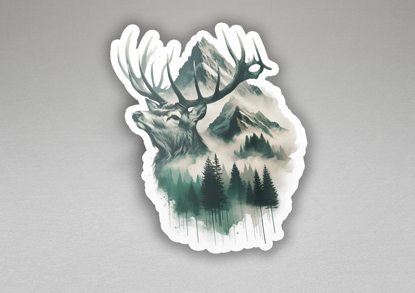 a sticker of a deer&#39;s head with trees and mountains in the background