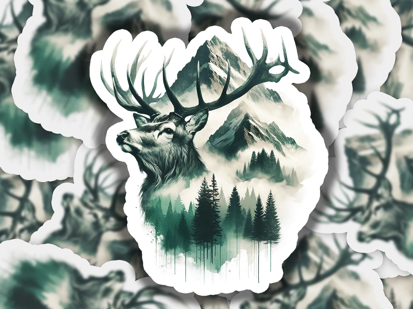 a sticker of a deer with trees and mountains in the background