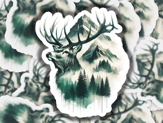 a sticker of a deer with trees and mountains in the background