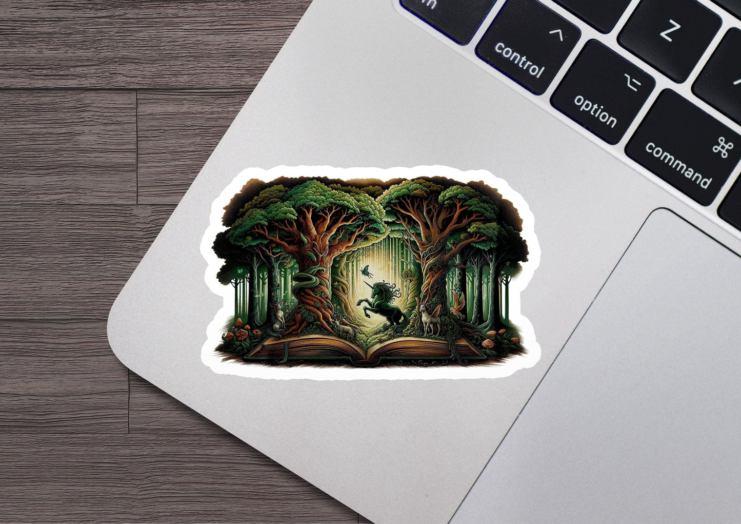 a laptop computer with a sticker of a forest scene
