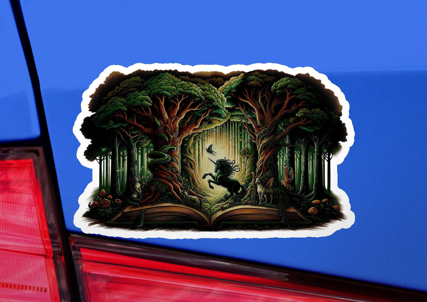 a car with a sticker of a horse in a forest