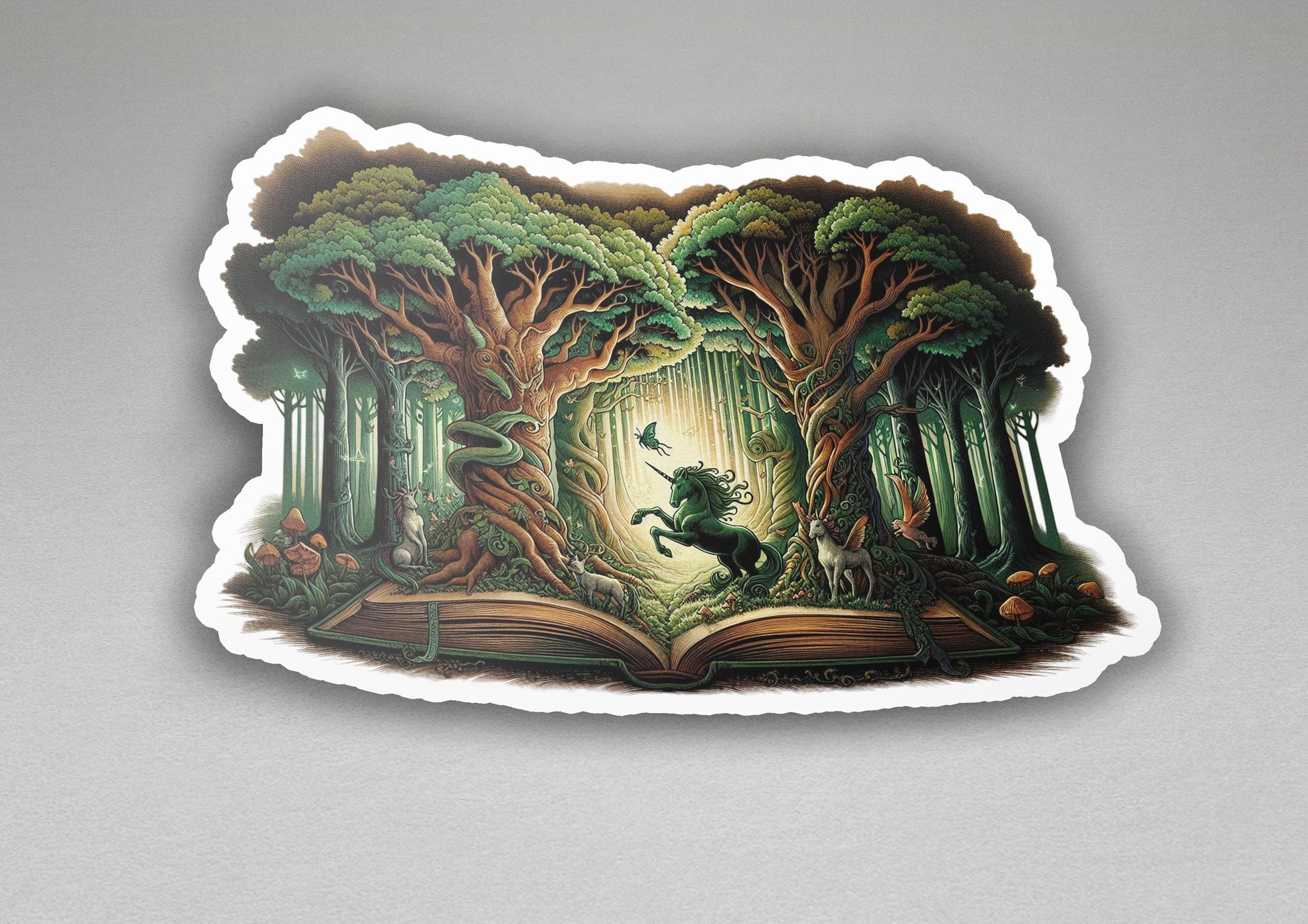 a sticker of a book with a picture of a person running through a forest