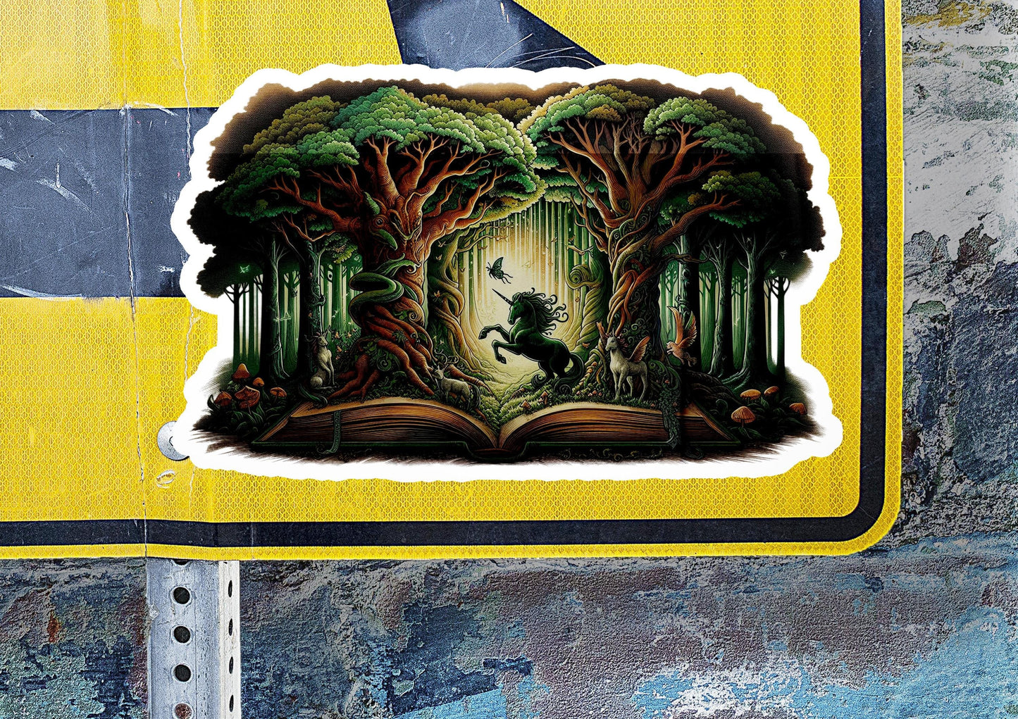 a sticker of a book with a picture of a horse running through a forest