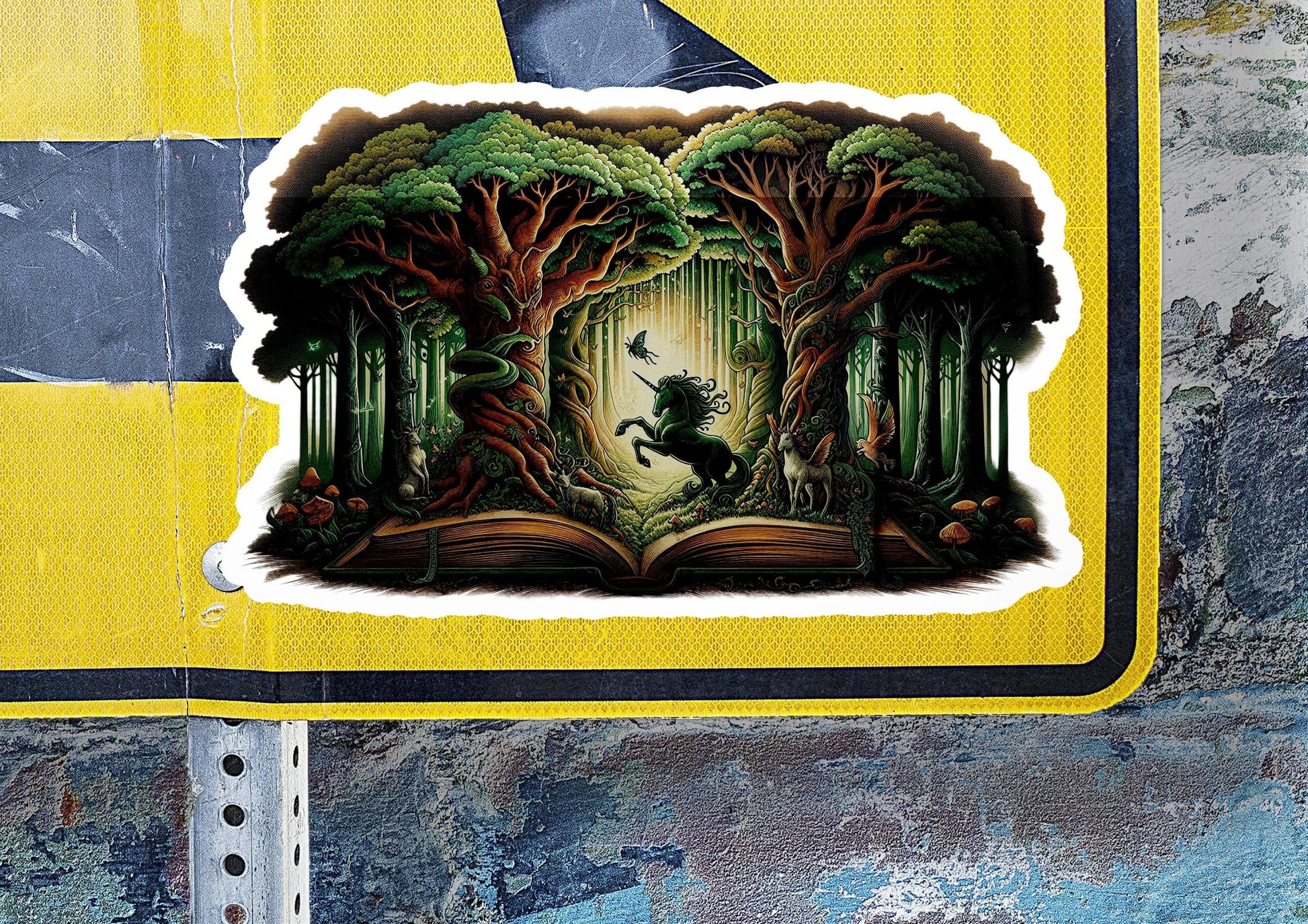 a sticker of a book with a picture of a horse running through a forest