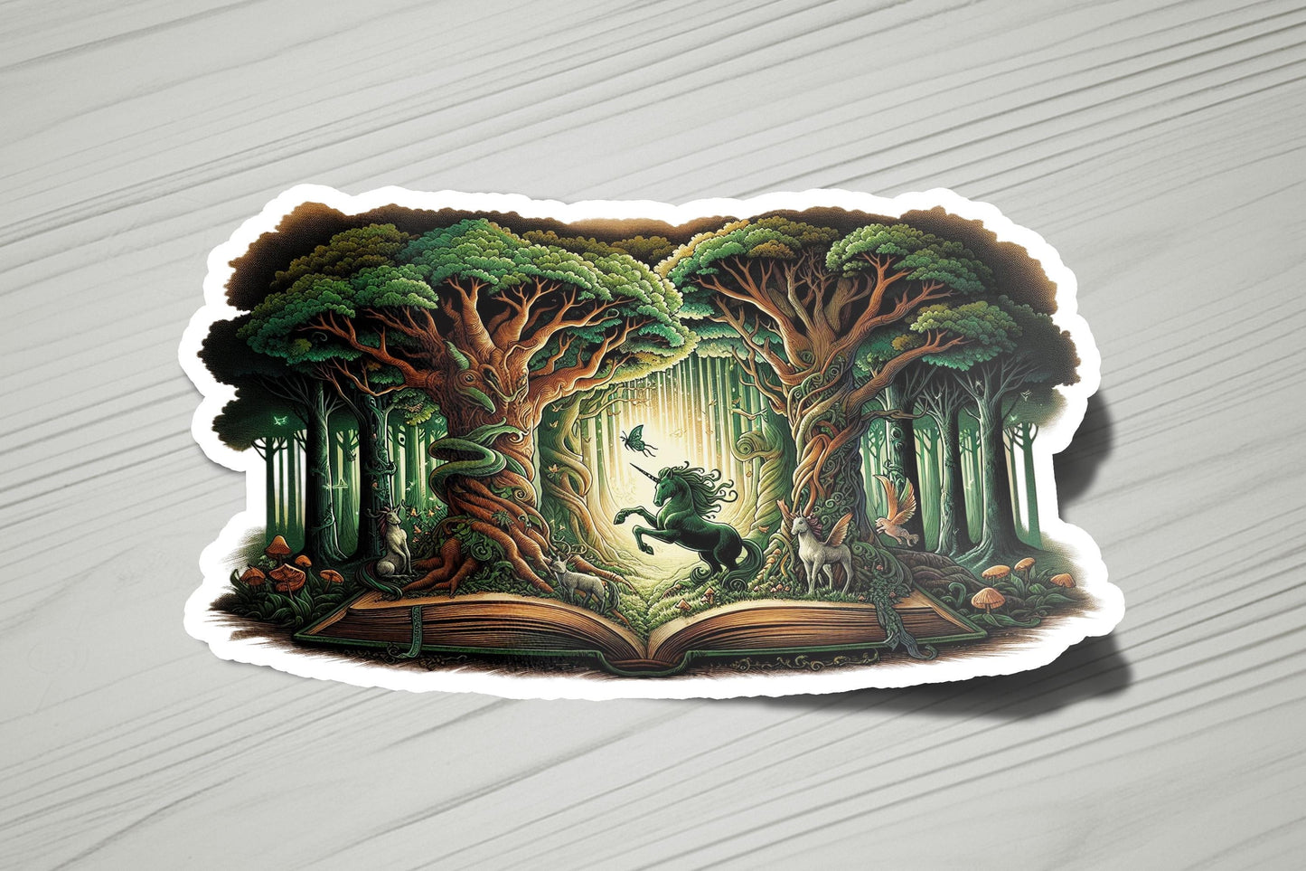a sticker of a book with a picture of a horse running through a forest