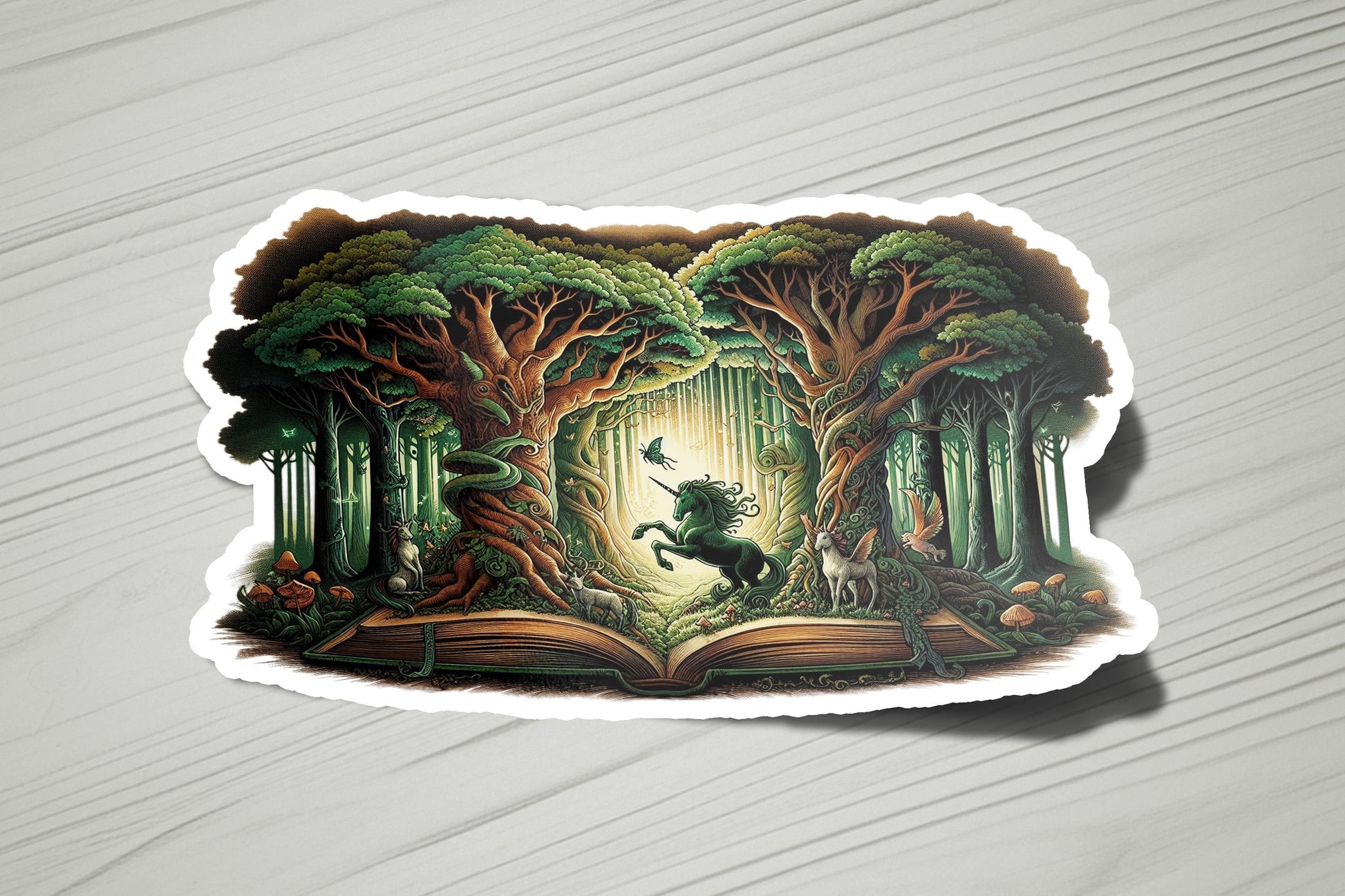 a sticker of a book with a picture of a horse running through a forest