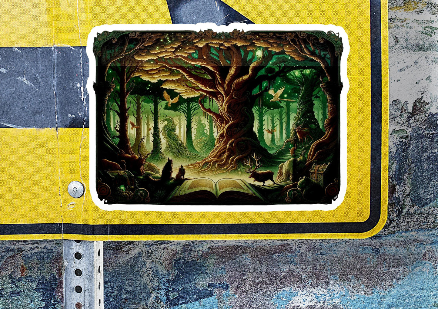a yellow and black sign with a picture of a forest
