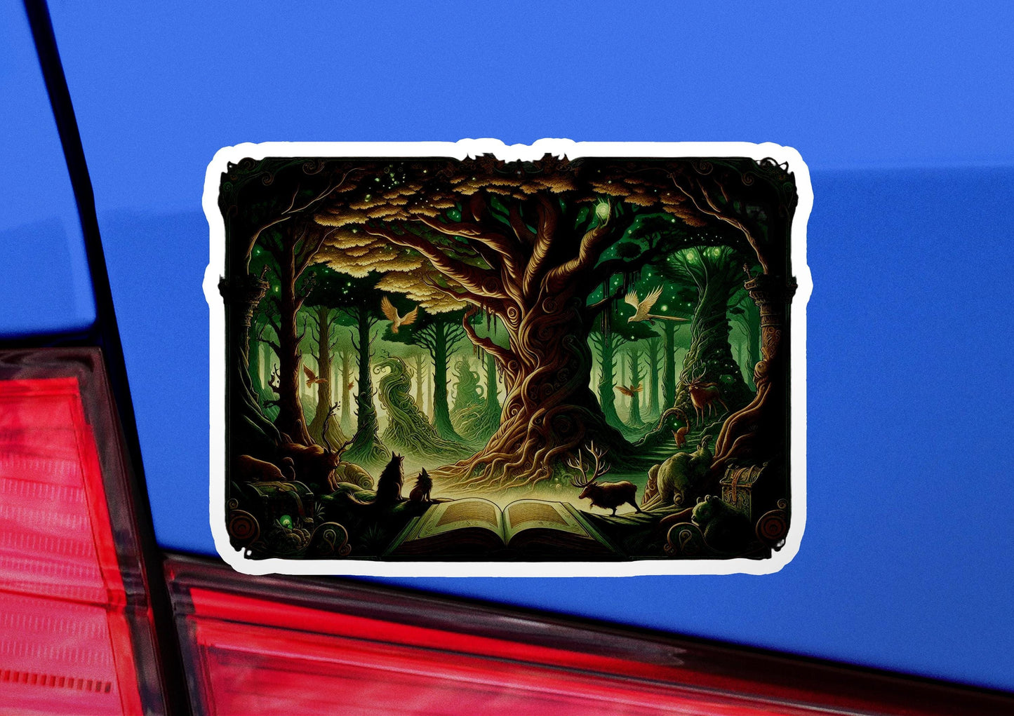 a car with a sticker of a forest scene
