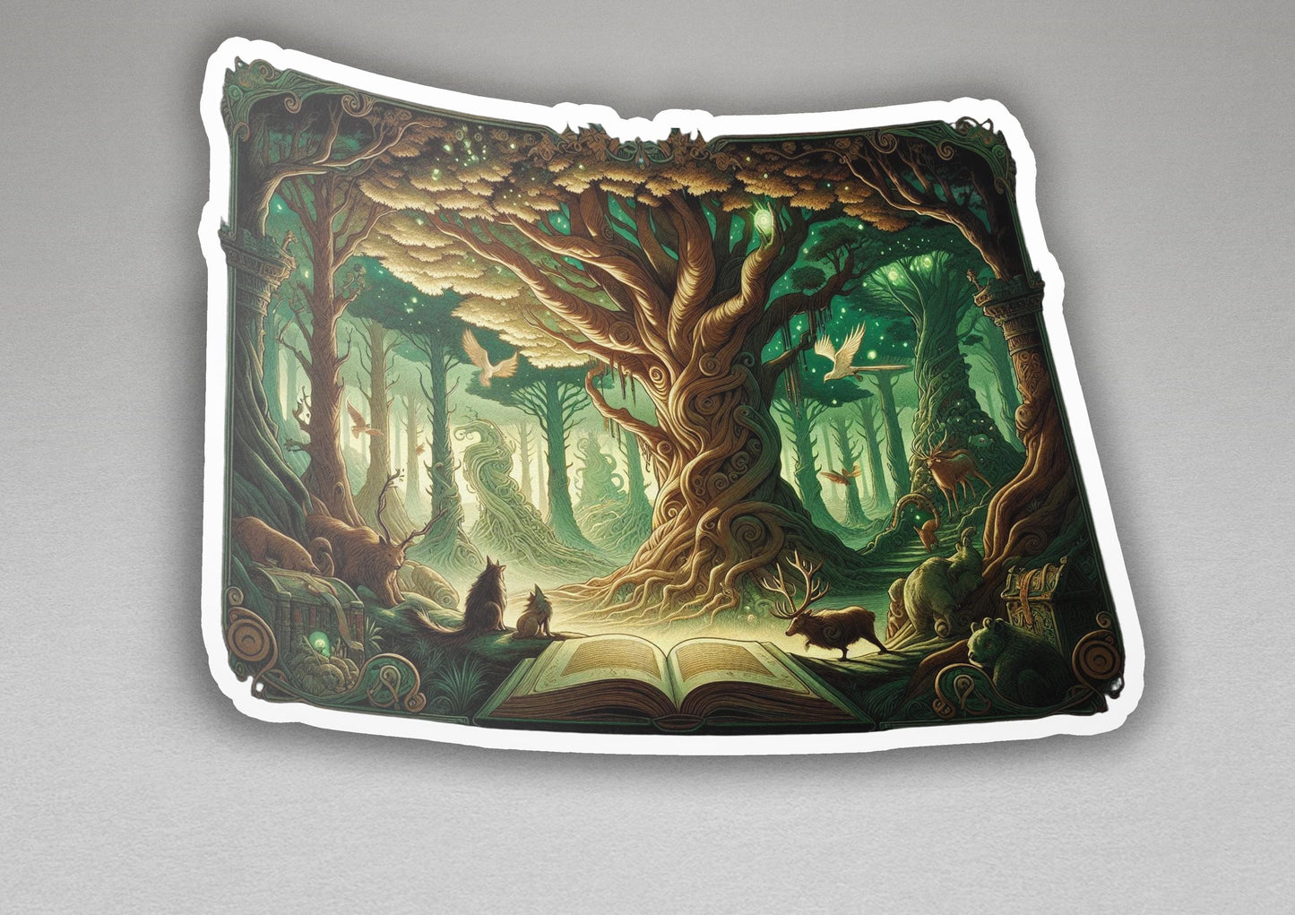 a painting of a forest with a book open