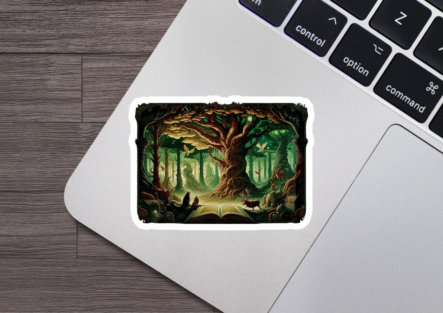 a laptop with a sticker of a forest scene