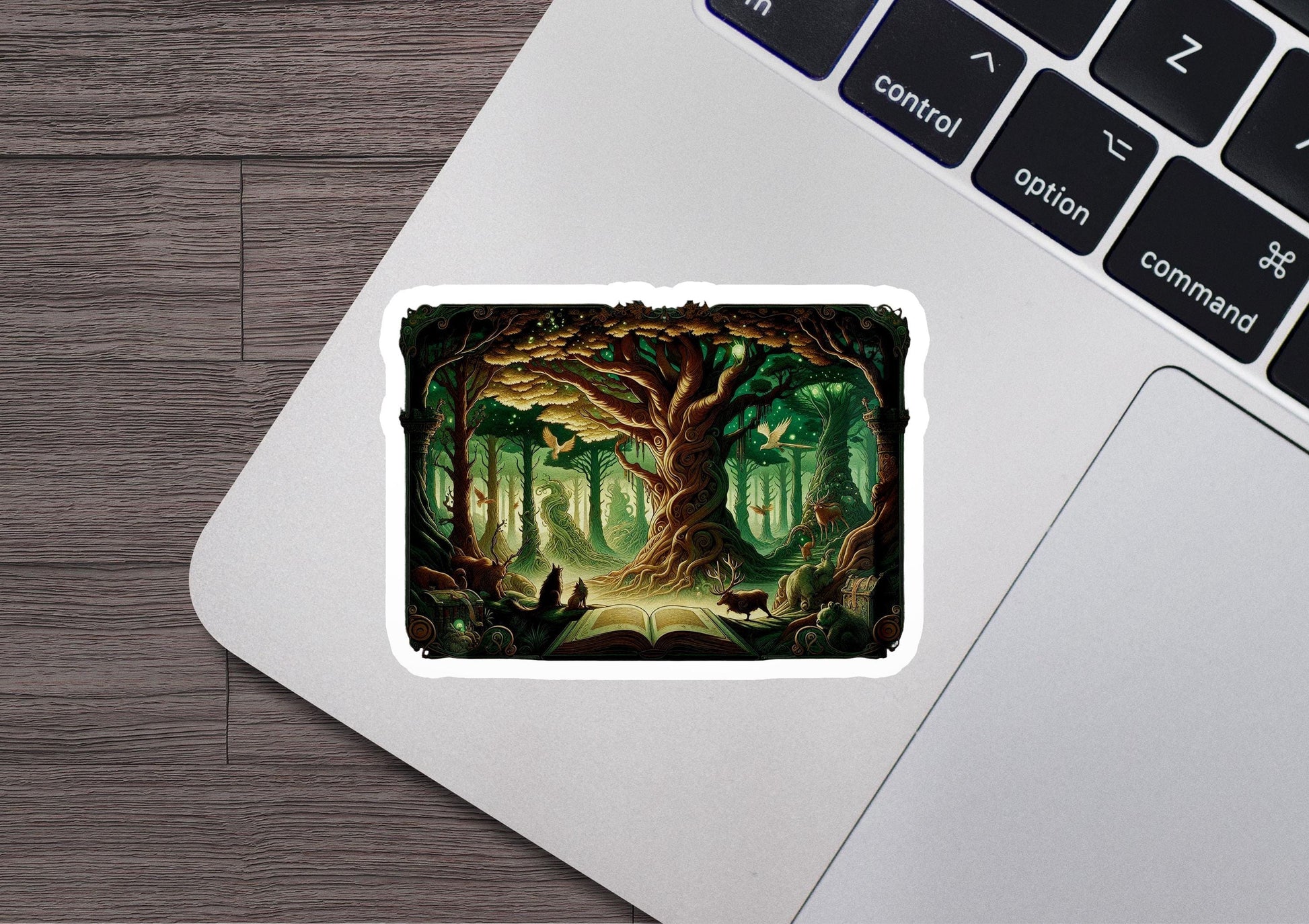a laptop with a sticker of a forest scene
