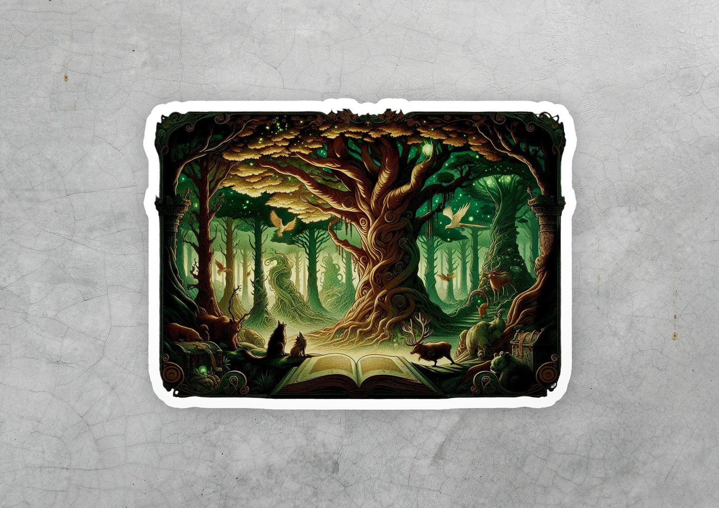 a sticker of a forest with animals and trees